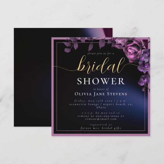 Modern Moody Black Dark Purple Frame Bridal Shower Invitation (Front/Back)