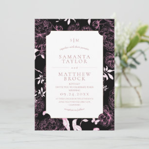 Modern Moody Black Pink French Peony Wedding Invitation