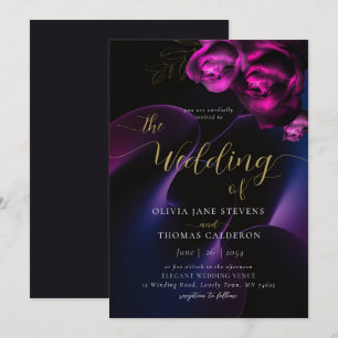 Modern Moody Black Purple Bright Floral Wedding Invitation