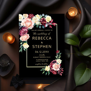 Modern Moody Burgundy Roses Floral Black Wedding Invitation
