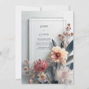 Modern Moody Dahlia Pink Blue Gold Frame Wedding Invitation