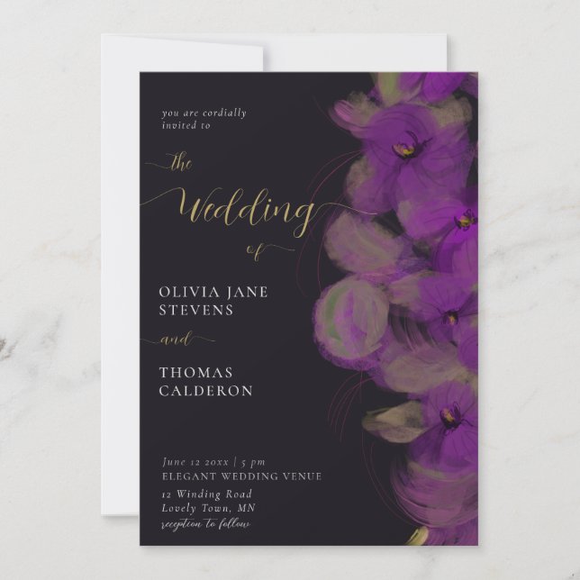 Modern Moody Dark Purple Orchids Wreath Wedding Invitation (Front)