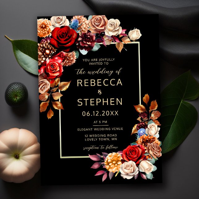 Modern Moody Dark Red Roses Fall Rust Wedding Invitation (Creator Uploaded)
