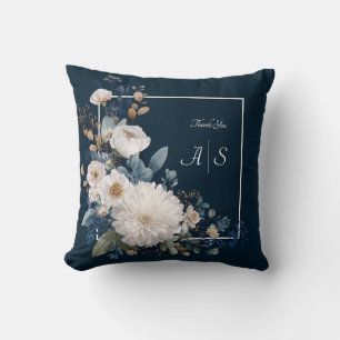 Modern Moody Floral Navy Blue White Peony Cushion
