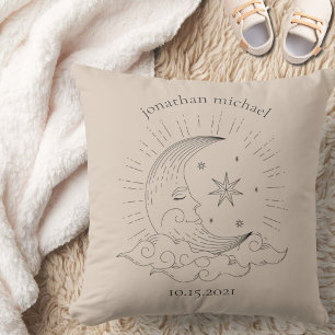 Modern Moon and Stars Birth Announcement Monogram  Cushion