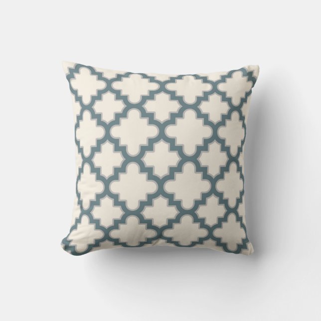 Modern Moroccan Quatrefoil in Blue Grey Cream Cushion (Front)