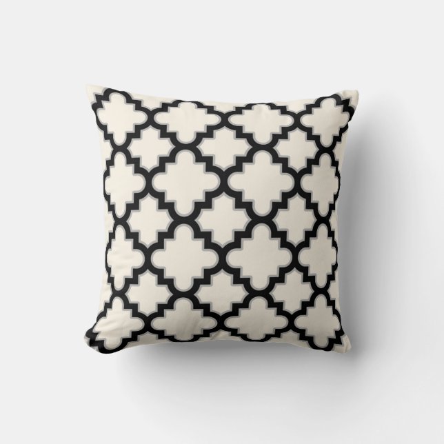Modern Moroccan Quatrefoil in Cream Black Grey Cushion (Front)