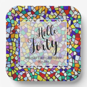 Modern Mosaic Colourful Hello Forty 40th Birthday Paper Plate
