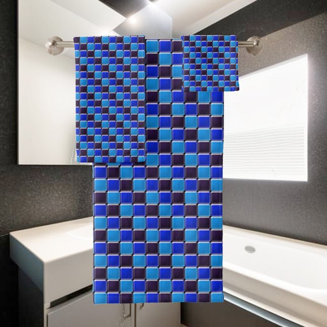 Modern mosaic in black, royal blue and light blue  bath towel set (Creator Uploaded)
