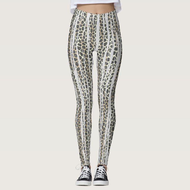 Modern Mosaic Striped Animal Print Leggings (Front)