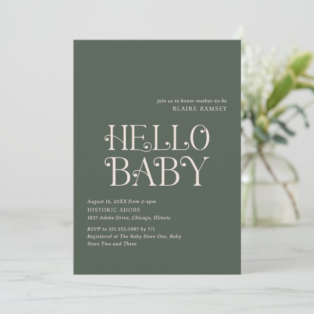 Modern Moss Green Bold Elegant Baby Shower Invitation (Standing Front)