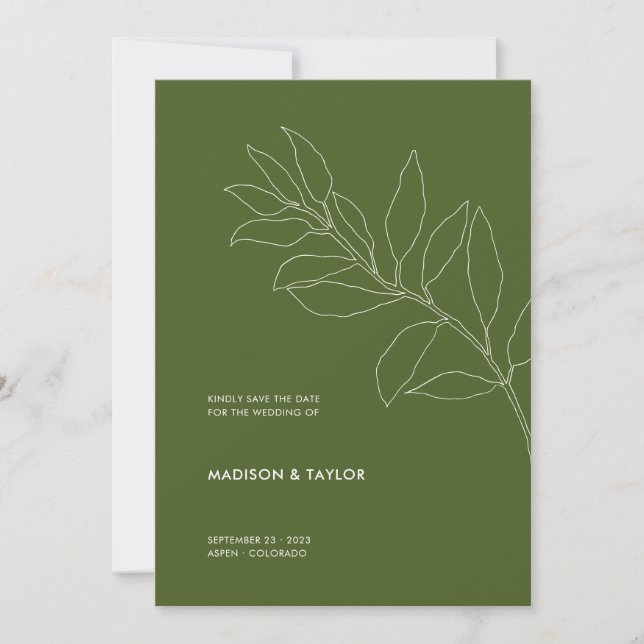 Modern Moss Green Botanical Floral Illustration Save The Date (Front)
