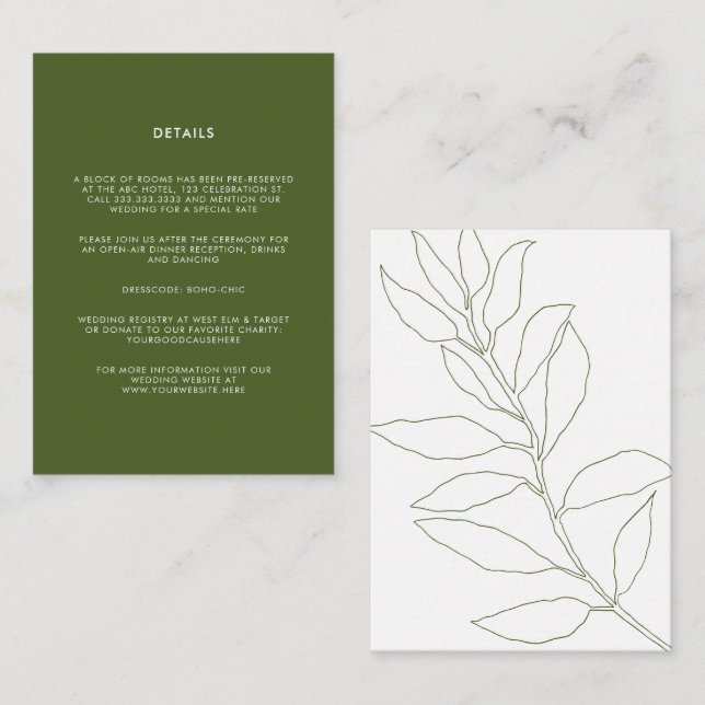 Modern Moss Green Botanical Floral Wedding Enclosure Card (Front/Back)