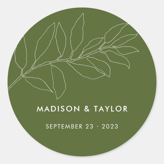 Modern Moss Green Botanical Floral Wedding Favour Classic Round Sticker (Front)