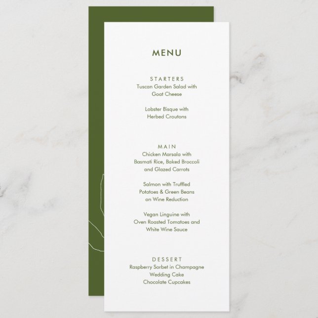 Modern Moss Green Botanical Floral Wedding  Menu (Front/Back)