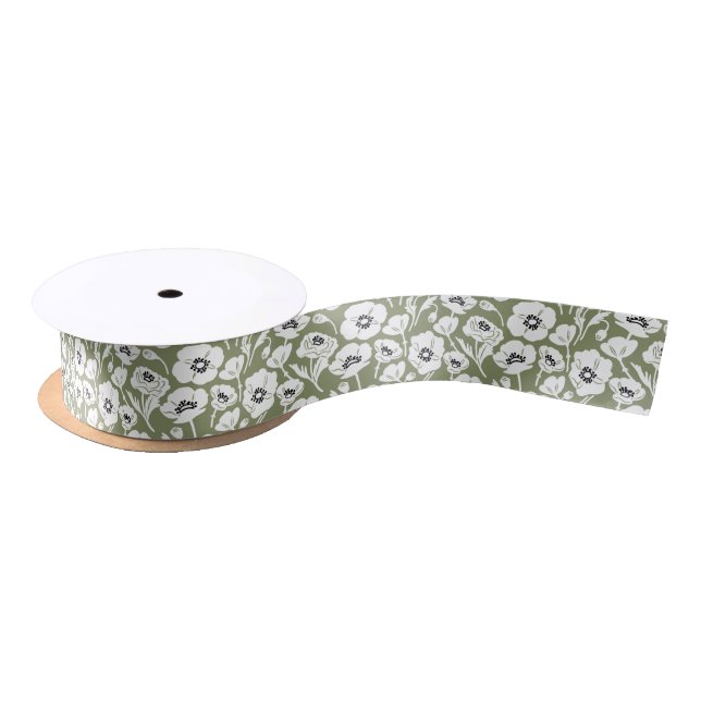 Modern Moss Green Floral Satin Ribbon (Spool)