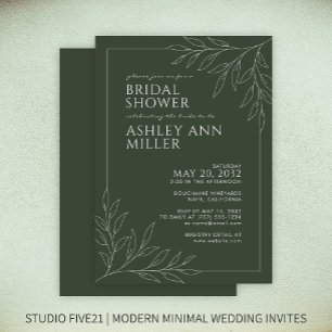 Modern Moss Green Foliage Outline Bridal Shower Invitation