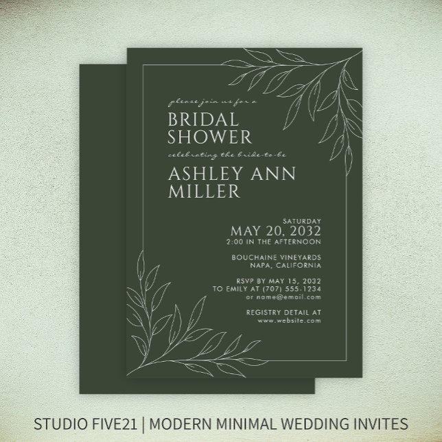 Modern Moss Green Foliage Outline Bridal Shower Invitation (Creator Uploaded)