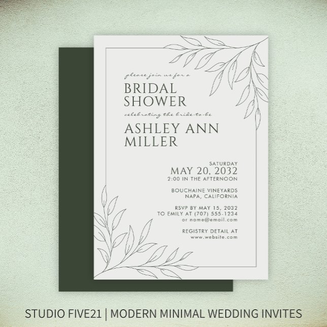 Modern Moss Green Foliage Outline Bridal Shower Invitation (Creator Uploaded)