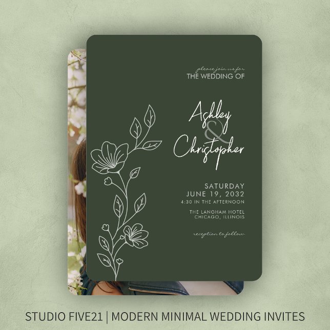 Modern Moss Green Foliage Outline Photo Wedding Invitation (Creator Uploaded)