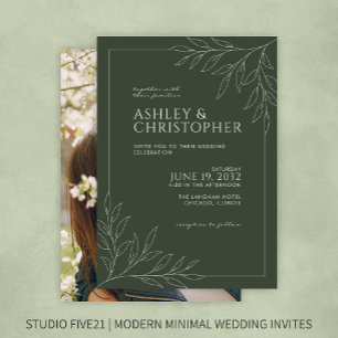 Modern Moss Green Foliage Outline Photo Wedding Invitation