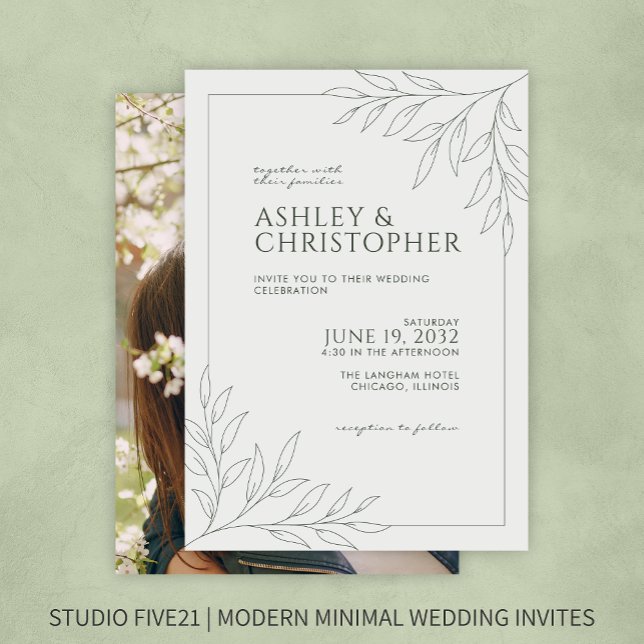 Modern Moss Green Foliage Outline Photo Wedding Invitation (Creator Uploaded)