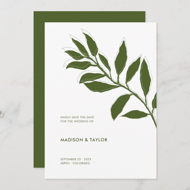 Modern Moss Green Two Tone Botanical Illustration Save The Date (Front/Back)