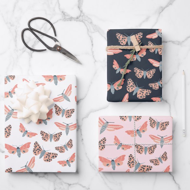Modern Moth Pattern Colourful Elegant Chic Pink Wrapping Paper Sheet (Front)