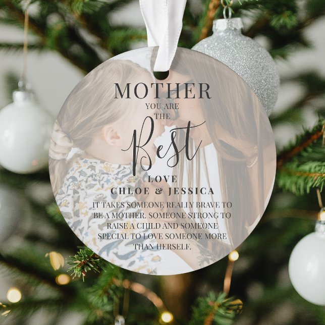 Modern 'MOTHER' 2 Photo Names & Quote Christmas Ornament (Creator Uploaded)