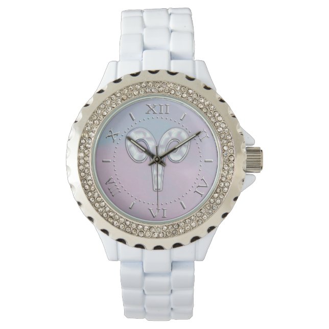 Modern Mother of Pearl Aries Zodiac Symbol Dial Watch (Front)