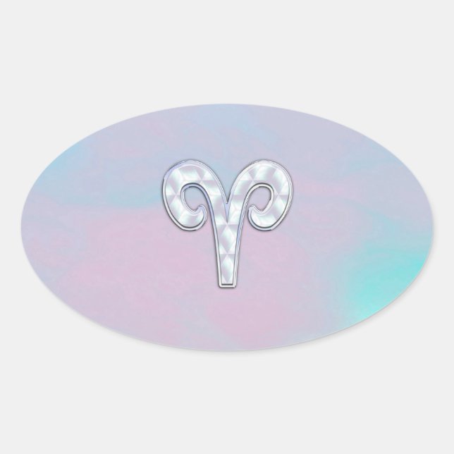 Modern Mother of Pearl Style Aries Zodiac Symbol Oval Sticker (Front)