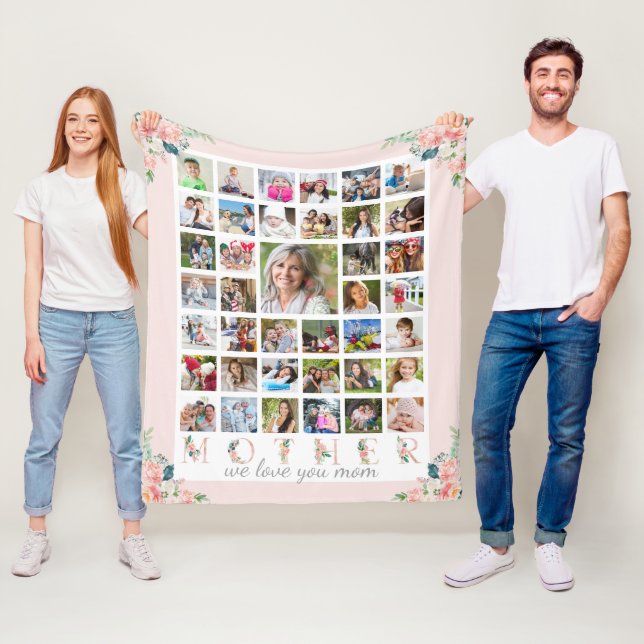 Modern MOTHER Photo Collage Floral Blush Pink Fleece Blanket (In Situ)