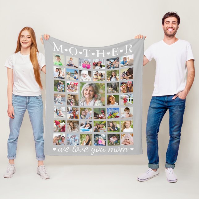 Modern MOTHER Photo Collage Hearts Your Text Fleece Blanket (In Situ)