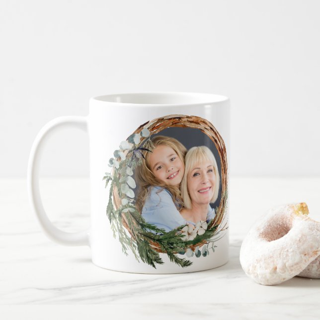 Modern mother script foliage wreath photo holiday coffee mug (With Donut)