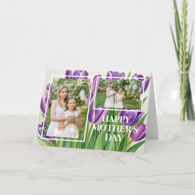 Modern Mother's Day Photo Stylish Purple Tulip Card (Front)