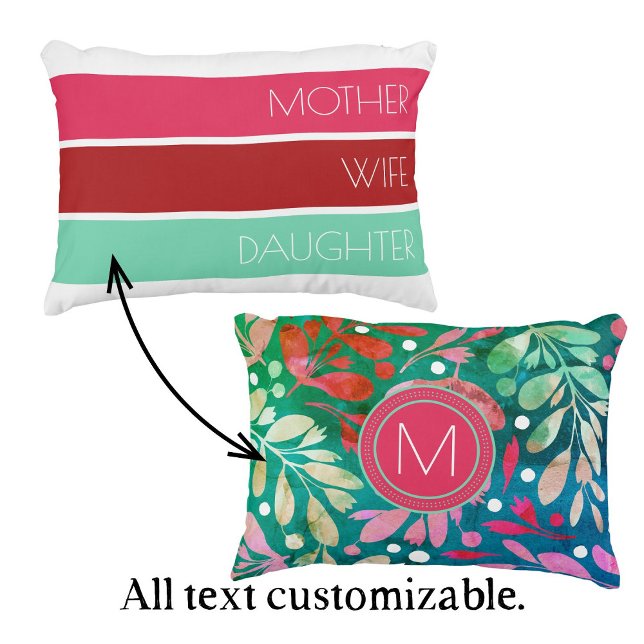 Modern Mother's Day Trendy Typography Decorative Cushion (Customizable Mother's Day pillow in pink, red, and mint. Personalize with initial and text.)