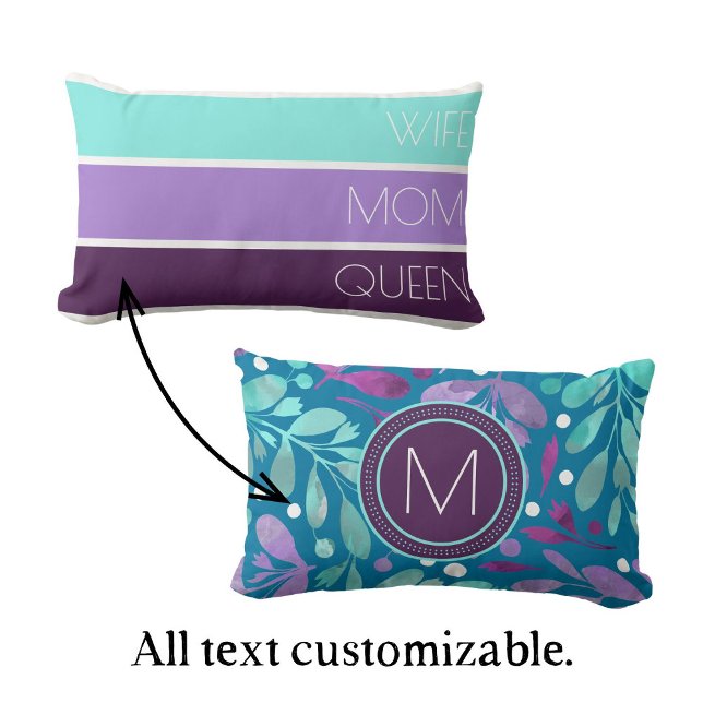 Modern Mother's Day Typography and Floral Lumbar Cushion (Customizable Mother's Day pillow in aqua, lilac, and deep purple. Personalize with initial and text.)
