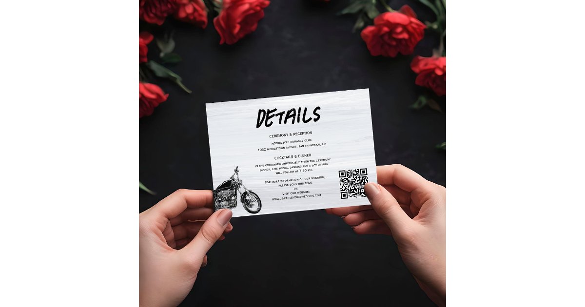 Modern Motorcycle Biker QR code Wedding Details Enclosure Card | Zazzle