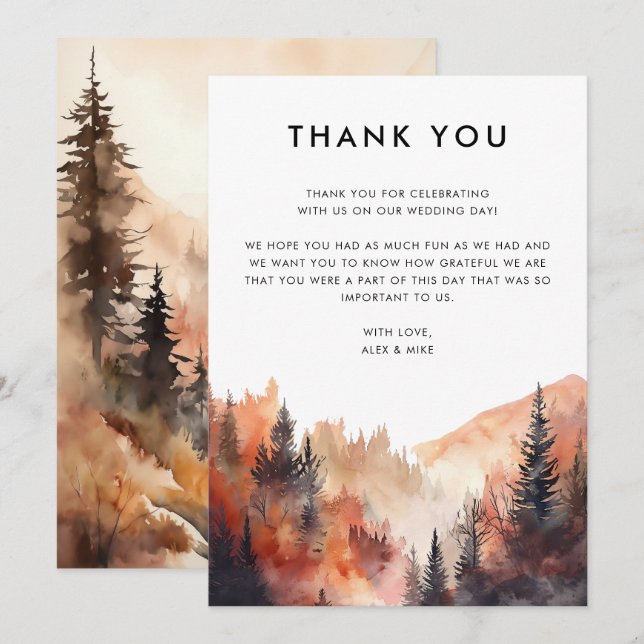 Modern Mountain Wedding Fall Custom Message Thank You Card (Front/Back)
