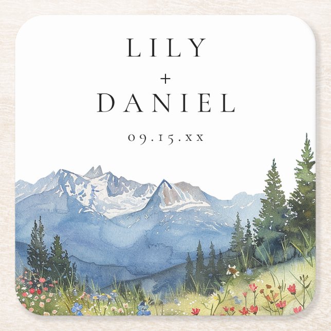Modern Mountain Wildflower Wedding Square Paper Coaster (Front)