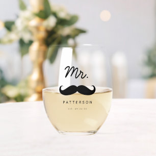 Modern Moustache Mr. Groom Wedding Stemless Wine Glass