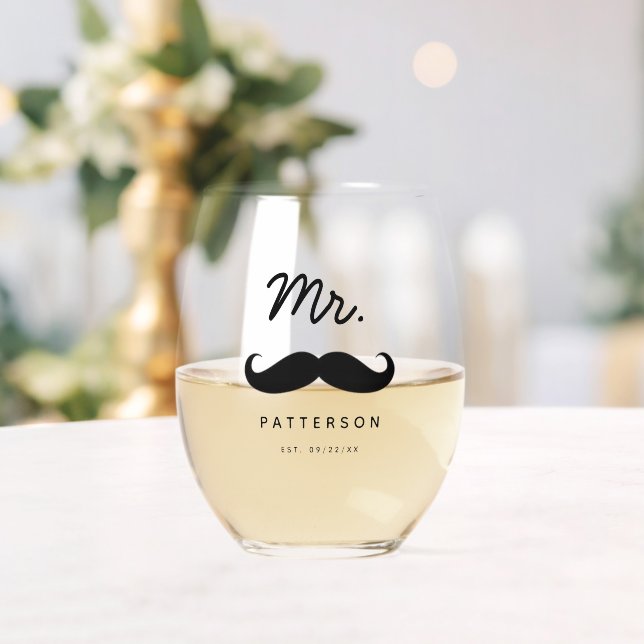 Modern Moustache Mr. Groom Wedding Stemless Wine Glass (Insitu (Wedding))