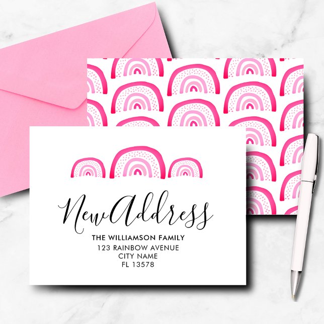 Modern Moving Announcement Pink Rainbow (Modern moving announcement moving notecard, new home, change of address. Pink watercolor rainbow.)