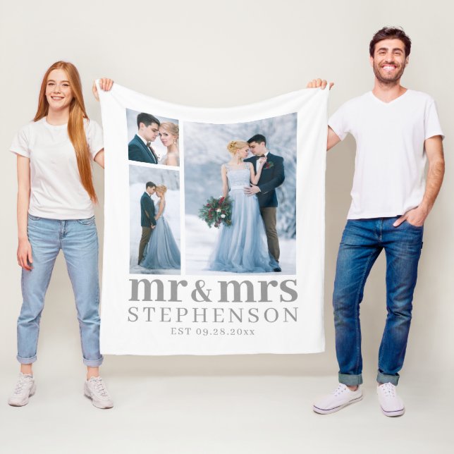Modern MR AND MRS 3 Photo Wedding Keepsake Fleece Blanket (In Situ)