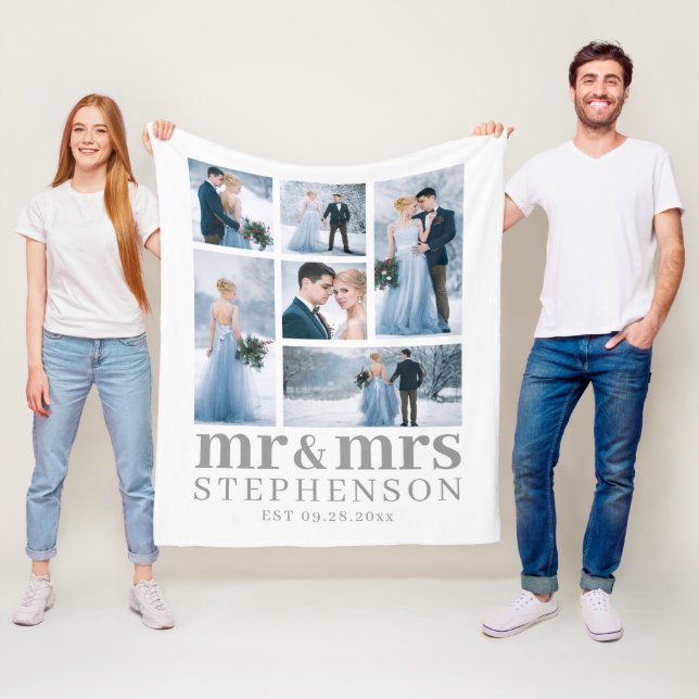 Modern MR AND MRS 6 Photo Wedding Keepsake Fleece Blanket (In Situ)