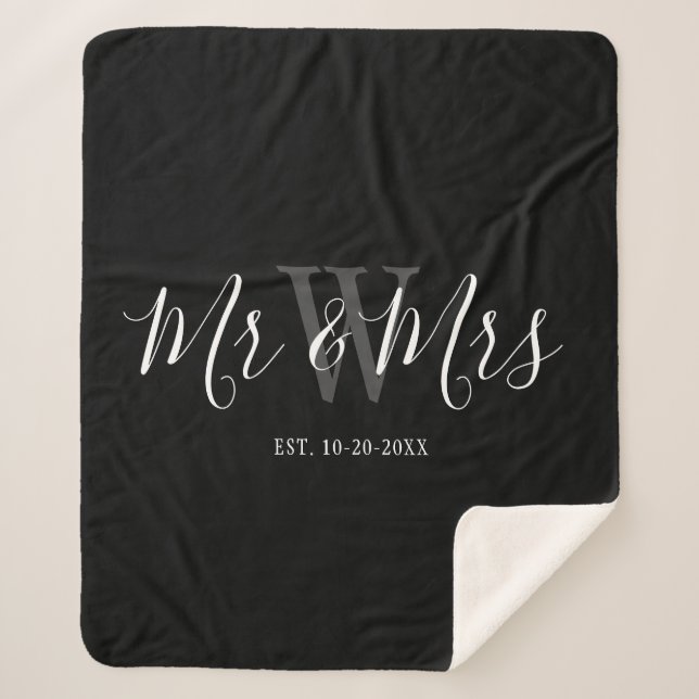 Modern Mr and Mrs Black Script Monogram Wedding Sherpa Blanket (Front)