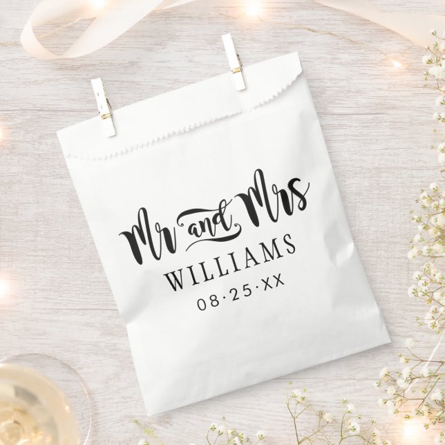 Modern Mr and Mrs Black Script Wedding Favour Bags (Clipped)