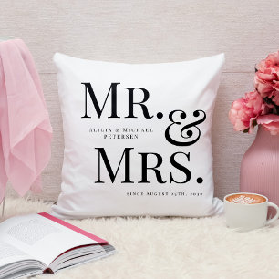 Modern Mr and Mrs custom name black and white Cushion