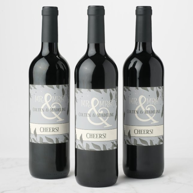Modern Mr. and Mrs. Inspirivity Wedding Leaves Wine Label (Bottles)
