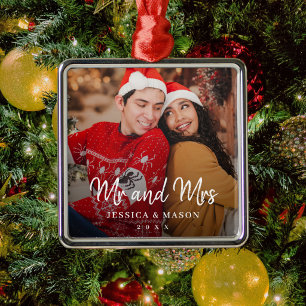 Modern Mr and Mrs Newlywed couple photo Christmas  Metal Tree Decoration